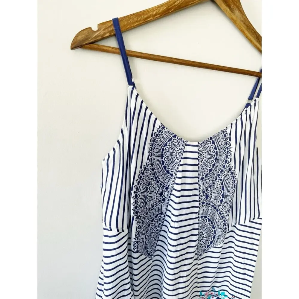 CAbi Navy and White Striped Cami with Floral Hem Size Medium EUC